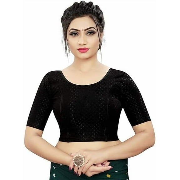 Accessorize Kingdom Round Neck Dobby Cotton Lycra Stretchable Elbow Sleeve Readymade Saree Blouse for Women Stylish Free Size ( 38 To 42 )