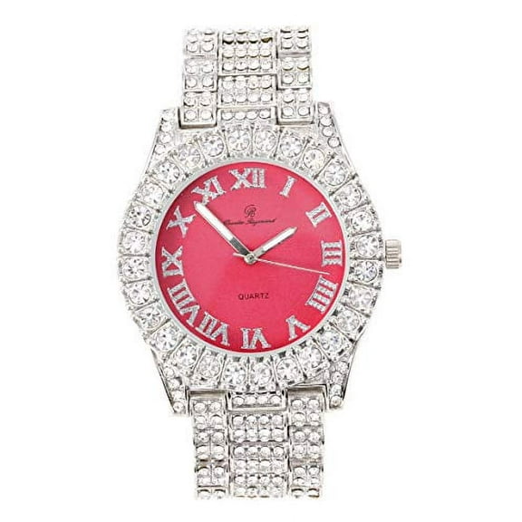 Women's Big Rocks Bezel Colored Dial with Roman Numerals Fully Iced Out Watch - ST10327LA (Silver - Coral)