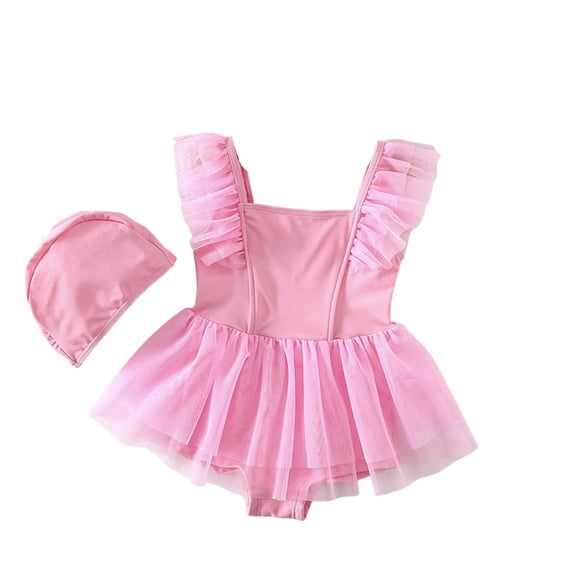 CAIVO Baby Girls Cute One-Piece Swimsuit Ruffle Mesh Dress Swimwear Square Neck Sleeveless Bathing Suit With Swim Cap For Beach And Pool Partywear