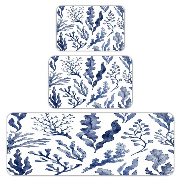 RKSupls Kitchen Rug Set 3 Piece Anti-Slip Flannel Floor Mats, Seaweed Blue Pattern Washable Absorbent Runner Mats for Kitchen Bathroom Home Decor