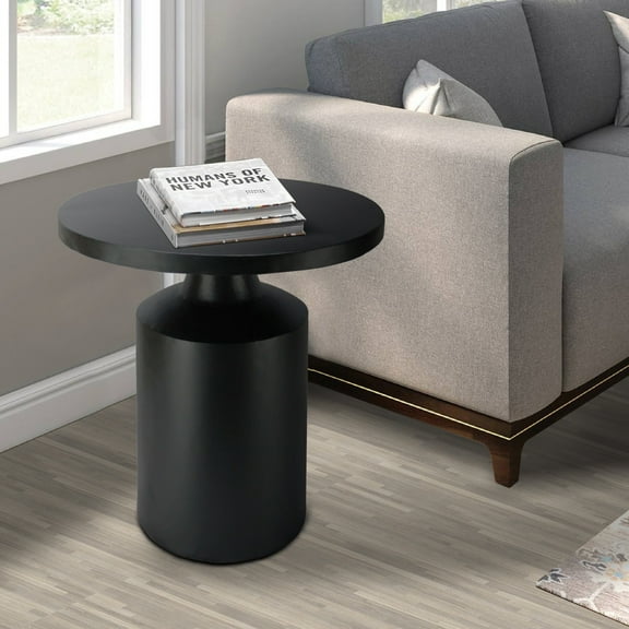 Zoe 20 Inch Modern Round Iron Side Table with Pedestal Base Matte Black - Saltoro Sherpi