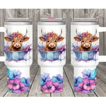 36oz Stainless Steel Tumbler with handle Highland Cow with flowers