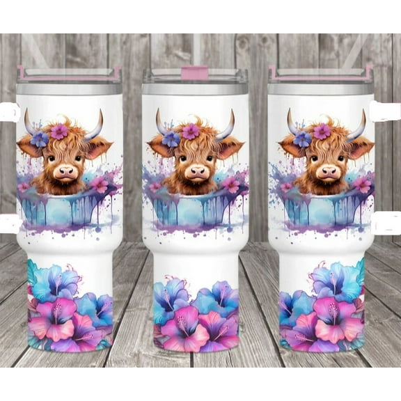 36oz Stainless Steel Tumbler with handle Highland Cow with flowers