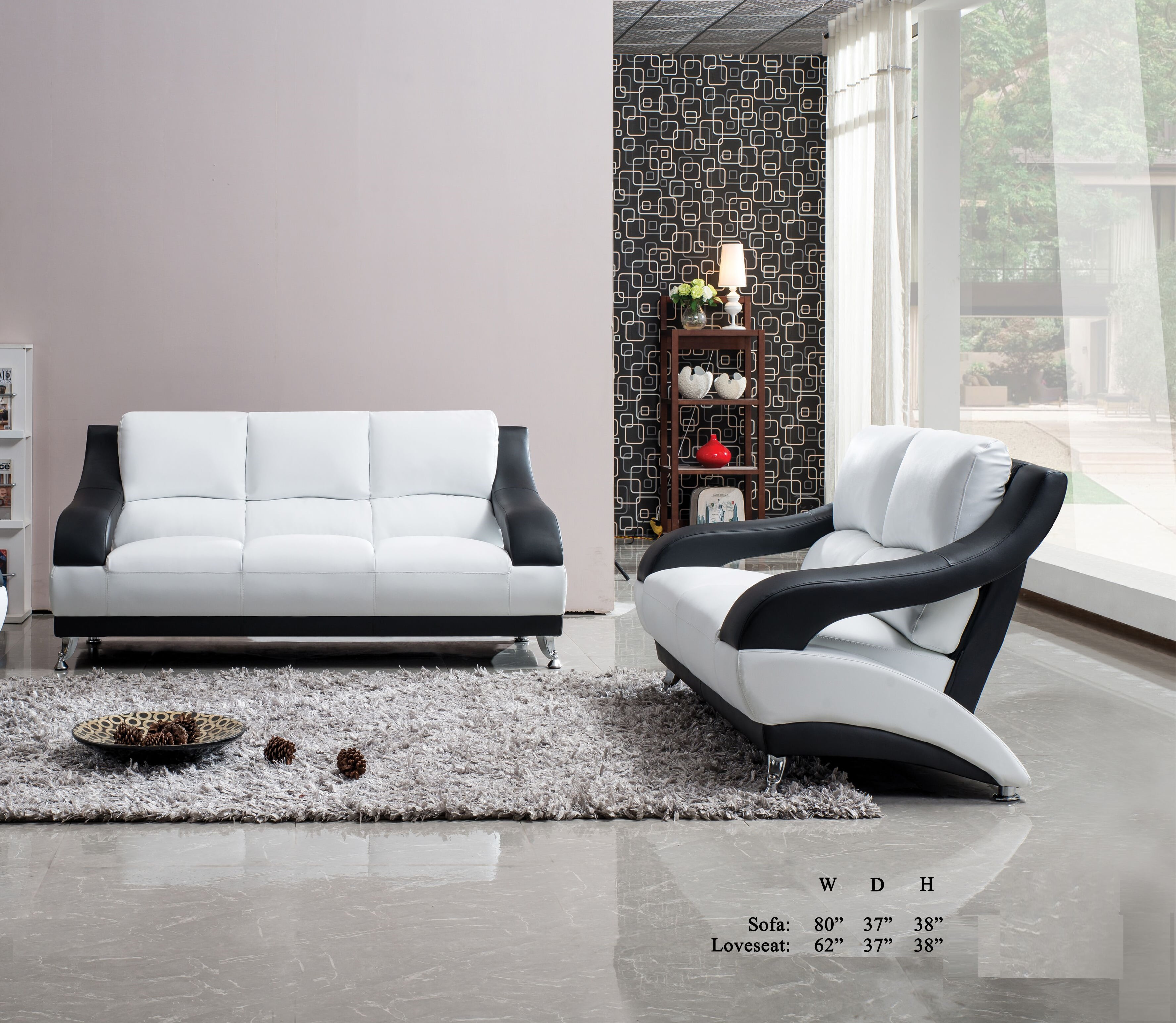Classic Unique Modern Vance Bonded Leather White Black 2pc Sofa Set