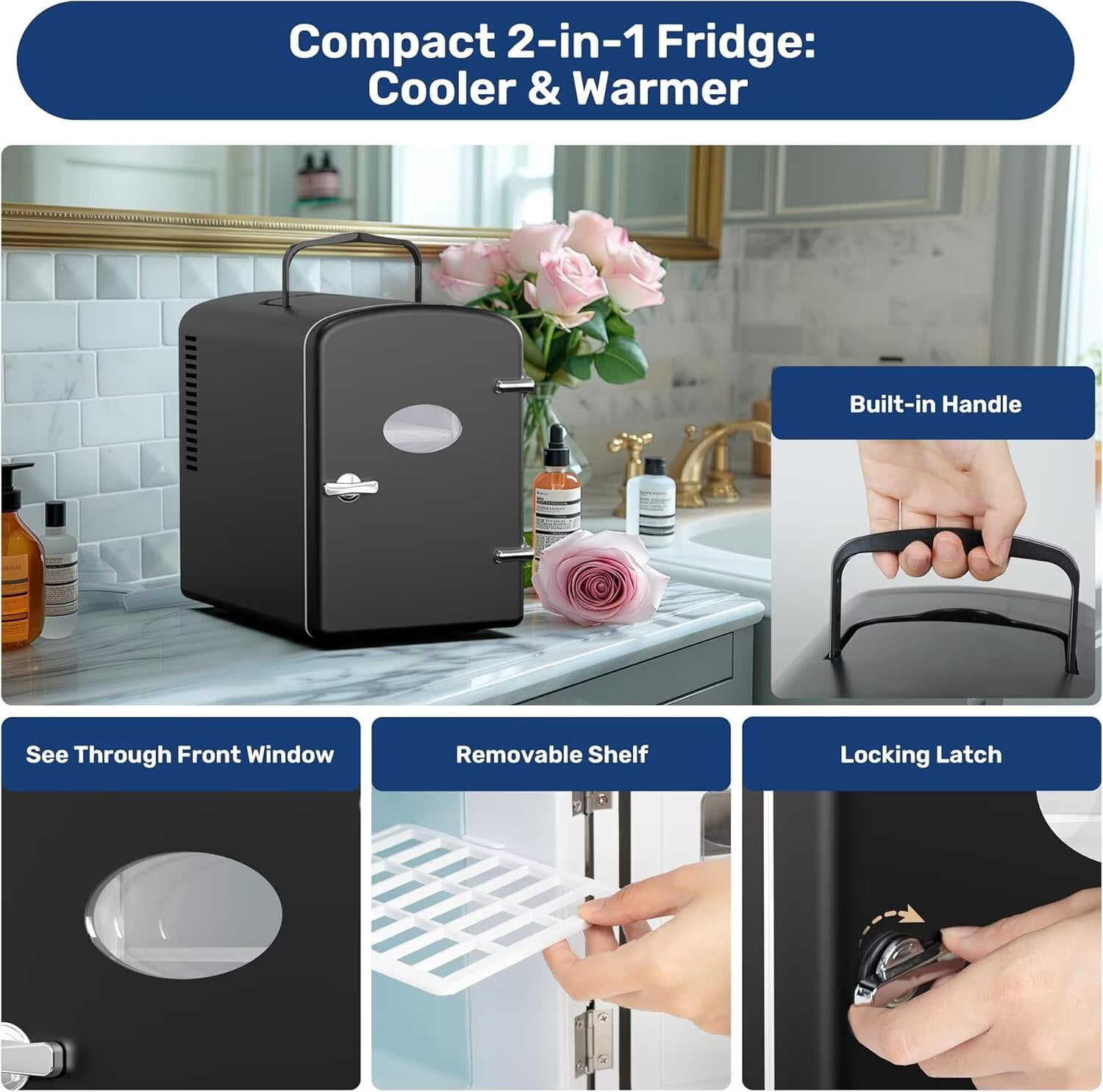 YSSOA Mini Fridge, 9 Can Portable Cooler and Warmer Personal Refrigerator for Skin Care, Cosmetics, Beverage, Food, Great for Home, Car, Dorm, 6L with Widow, Black