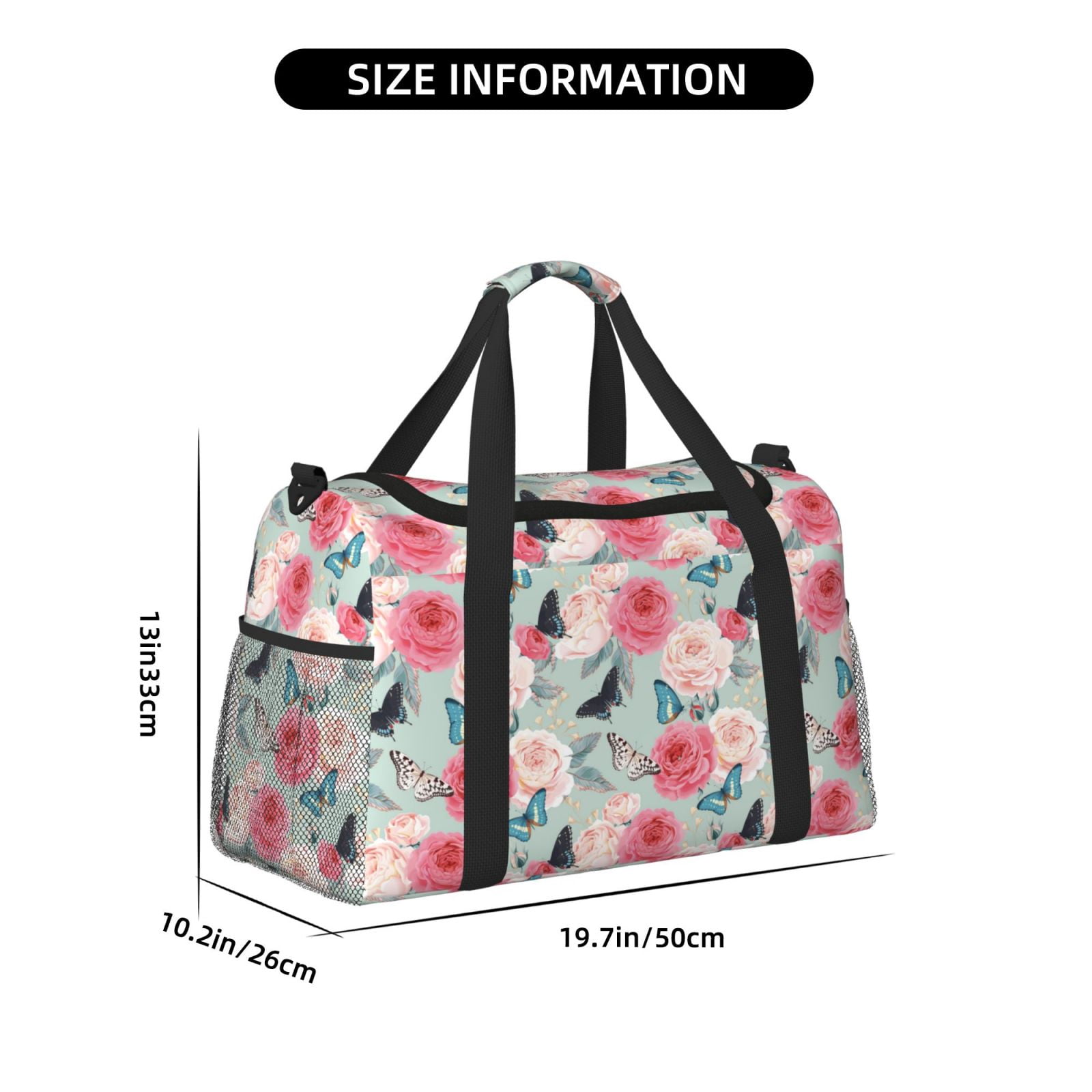 Fuzoiu Roses and Butterflies Print Travel Duffle Bag,Carry On Tote Bags,Duffel Bag,Sport Gym Bag, Hospital Bag for Labor and Delivery, Overnight Bag,Luggage Bag