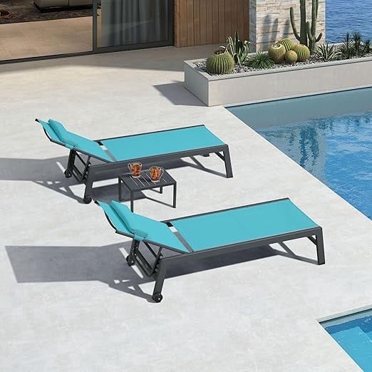 PURPLE LEAF Patio Lounger Set of 3 – Outdoor Chaise Lounge Chairs with Reclining Back, Aluminum Frame, Wheels, Side Table & Cushions – Perfect for Pool, Garden, or Backyard Relaxation,Turquoise