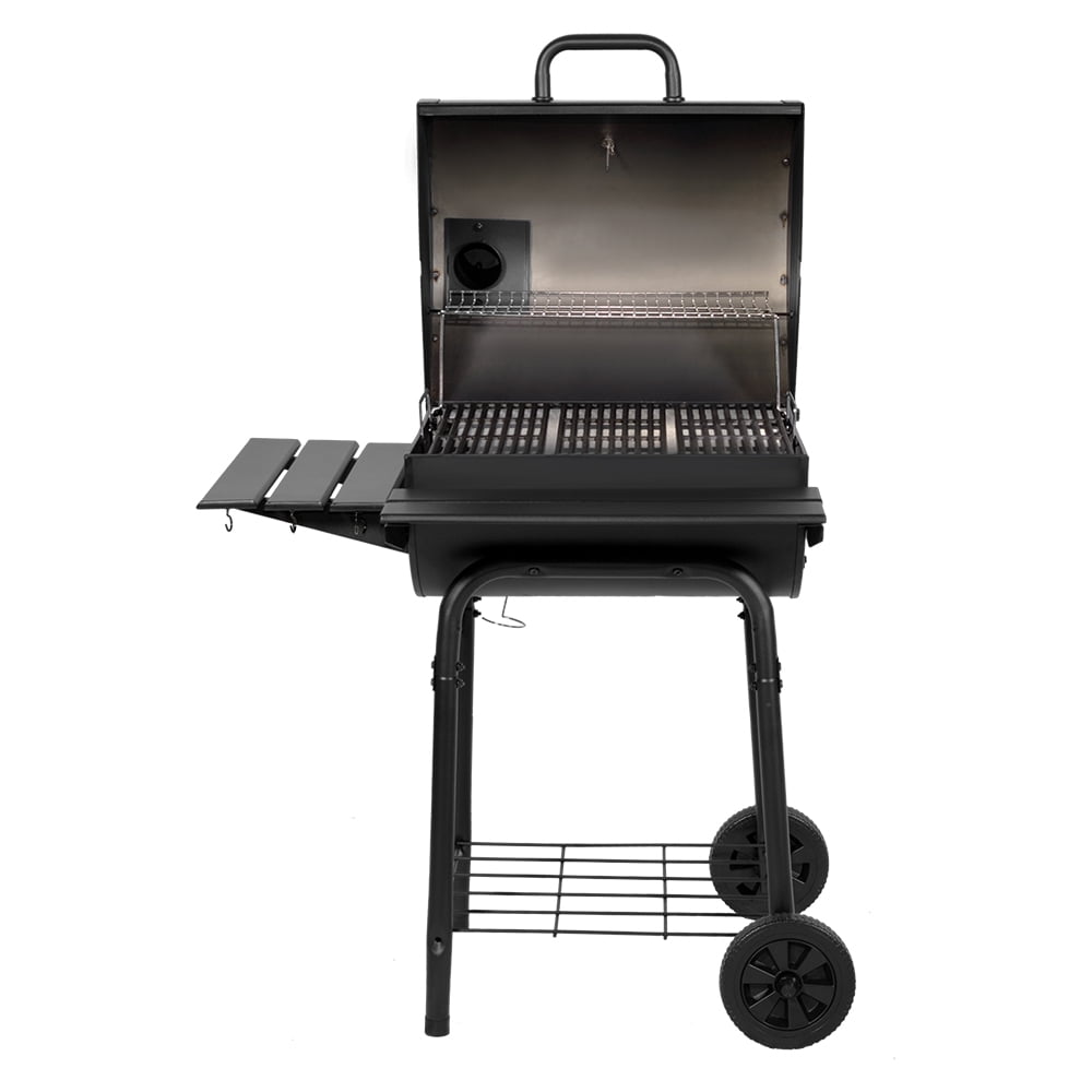 Char-Griller Wrangler Charcoal Grill, Metal Front and Side Shelf, Black, Compact Barrel Grill