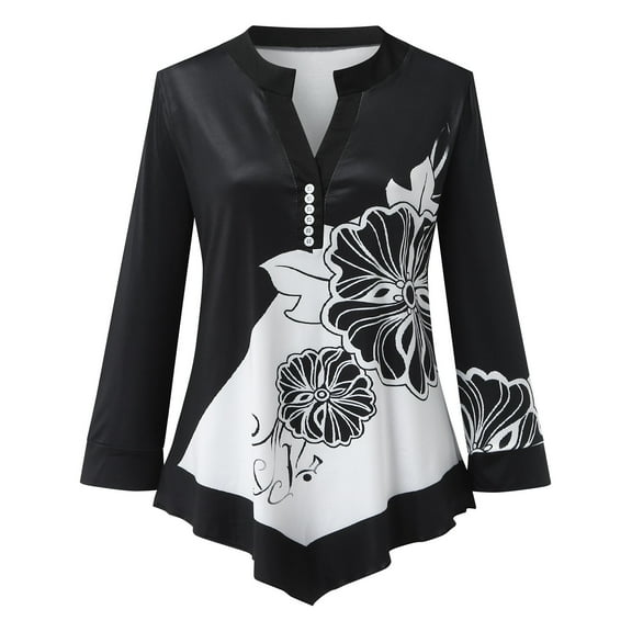 LYXSSBYX Women Long Sleeve Dress Hot Sale Clearance Women's Gradient Patchwork Print Loose V-neck Button 10-point Sleeve T-Shirt