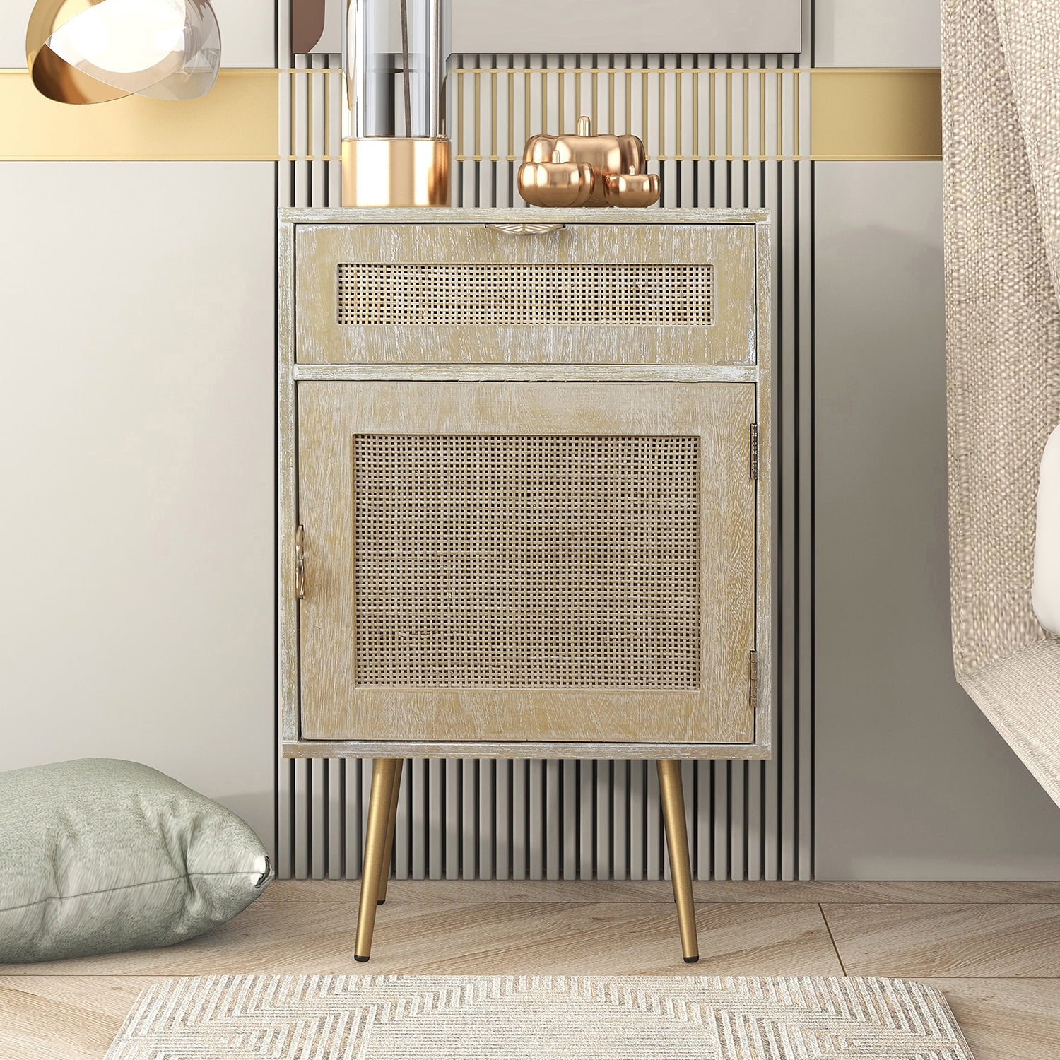 Kadyn Modern Wooden Nightstand with Rattan Panel, Storage Bedside Table with One Drawer and One Cabinet, End Table for Home and Office, Natural