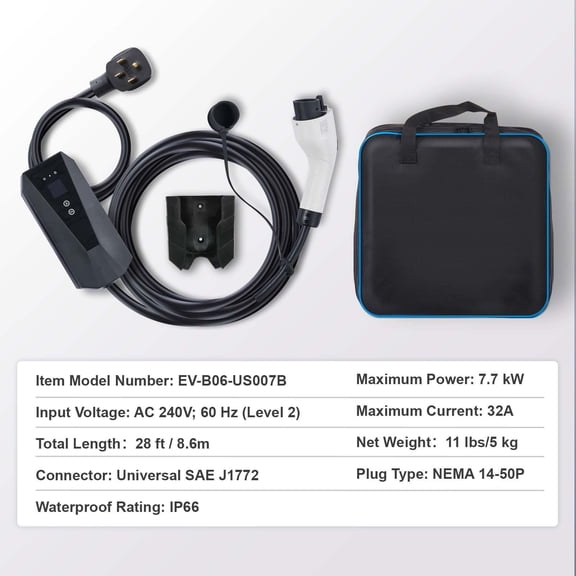 240V 32A Portable Electric Car Charger, 28ft Long Cable, Adjustable Amperage, NEMA 14-50 Plug, Compatible with All J1772 EVs