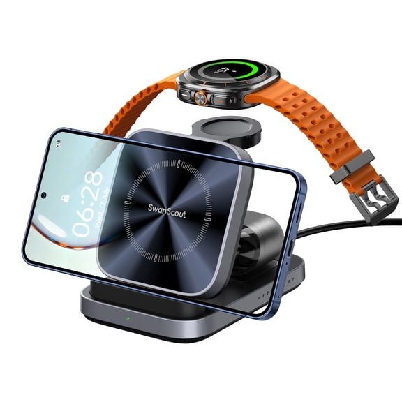 3-in-1 Foldable Wireless Charger for Samsung S25 Ultra/S25/S24/S23/S22/Z Flip, for Galaxy Watch 8/7/Ultra/6/5 & Earbuds, Horizontal Charging Only, SwanScout 713S (No Adapter)
