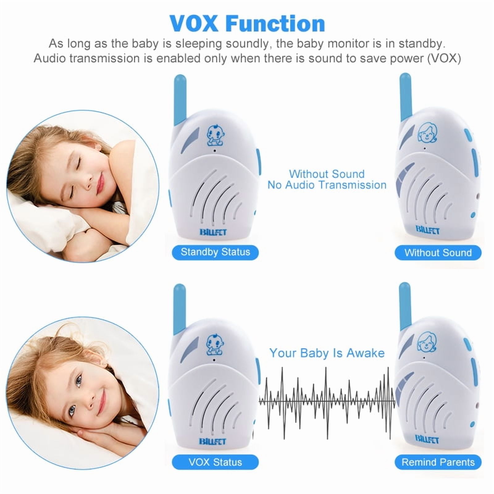 Upgraded audio baby monitor with USB charging cable for use with power banks, long range and crystal clear sound