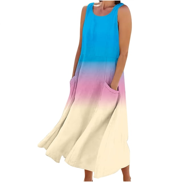 FAIWAD Robes d'Été Grande Taille pour Femmes 2024 Sans Manches Décontractées Robe Maxi Dégradé Boho Plage Robe Débardeur