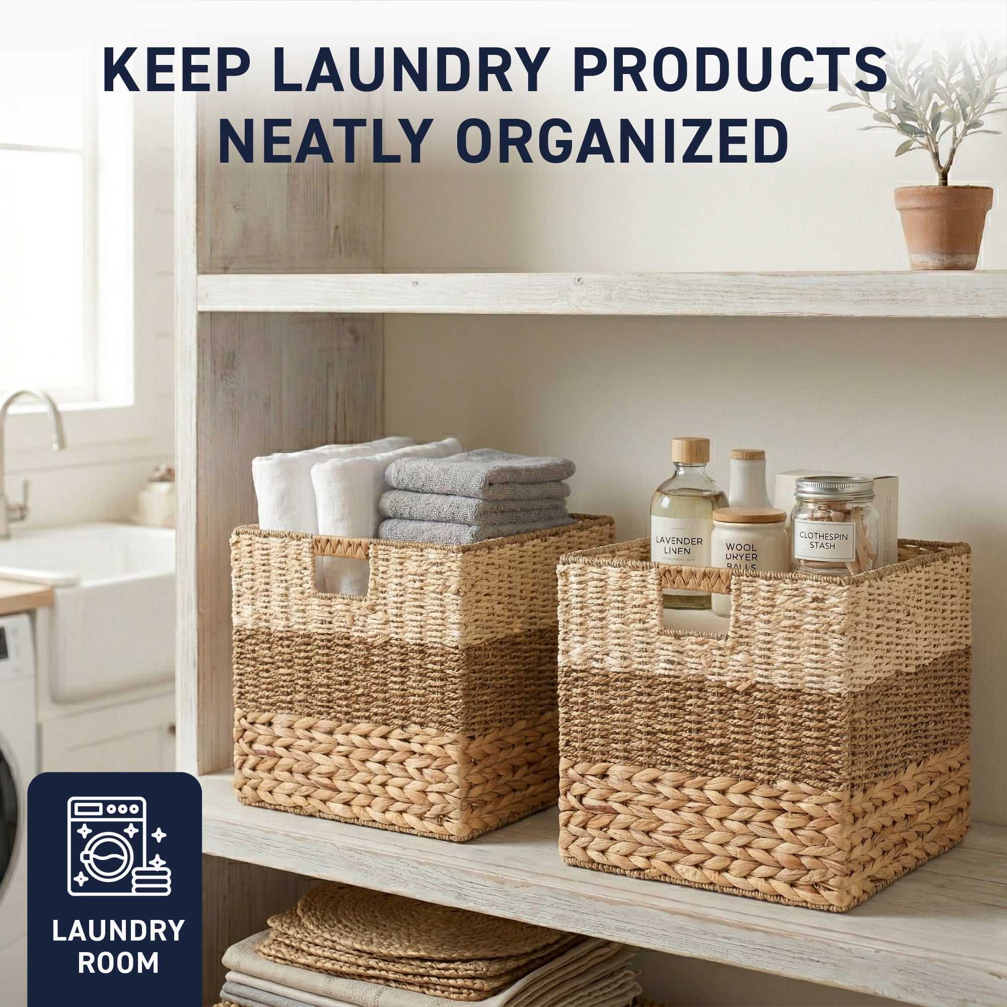Ornavo Home 13" x 13" Inch Water Hyacinth Storage Basket Set of 6 with Handles | Natural Handwoven Mixed Weave Wicker Organizer Bins for Shelves, Closet, Living Room, Bathroom, Pantry and Laundry