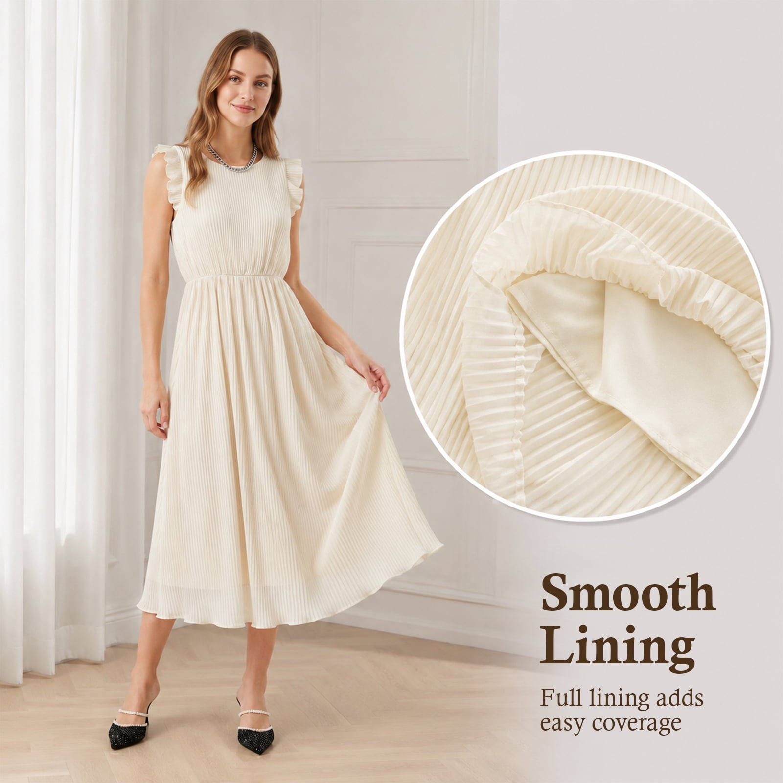 Alvantor Women's Ruffle Sleeve Midi Dress with Pleated Overlay, Ivory