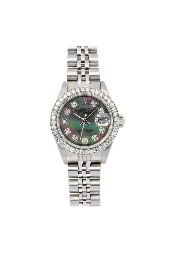 Pre-Owned Rolex Datejust 26MM 69174 Black Mother of Pearl Diamond Dial Diamond Bezel Stainless Steel Jubilee Bracelet