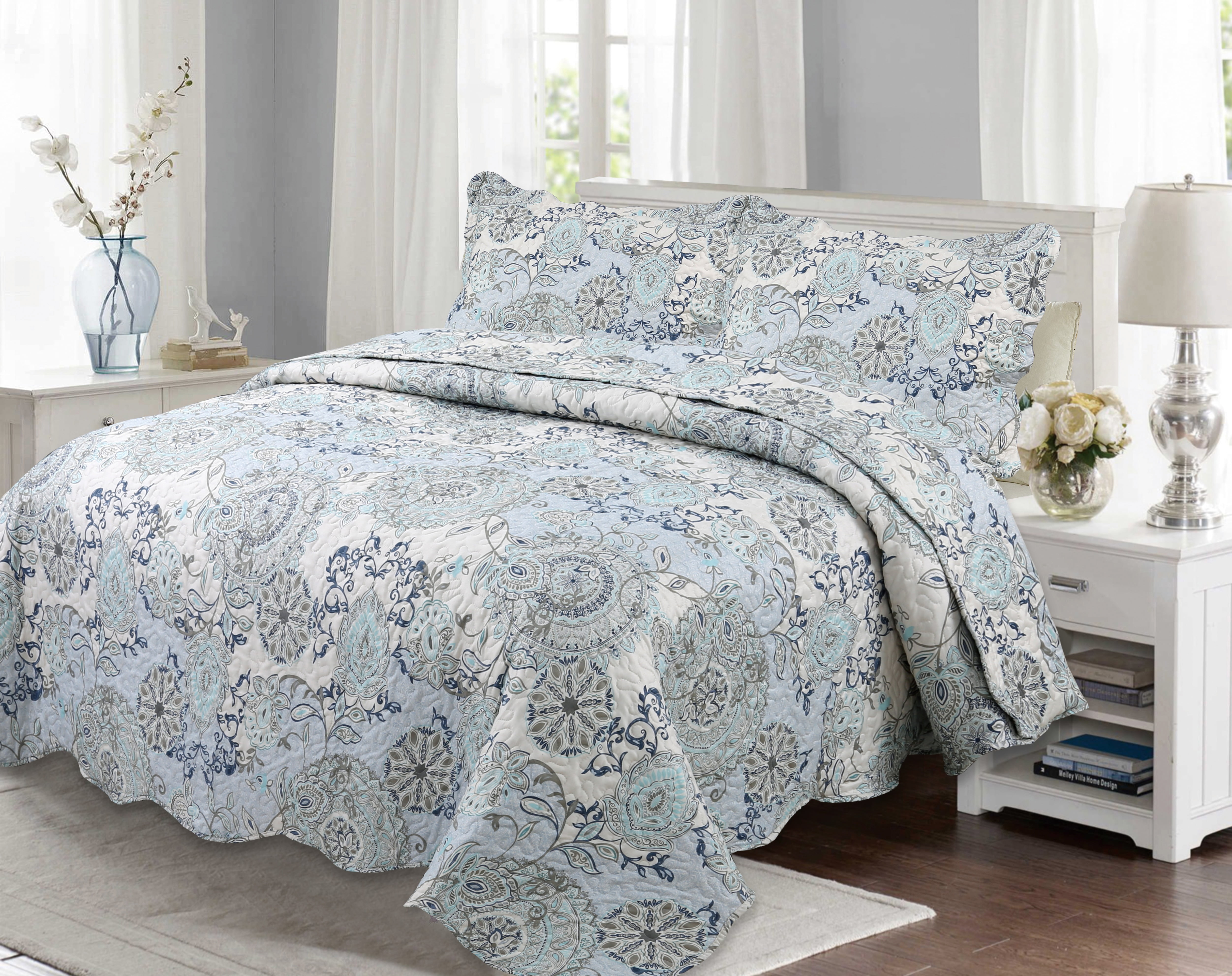 Marina Decoration Rich Printed Stitching Coverlet Bedspread Ultra Soft Summer Bedding Quilt Set with Quilted Sham, Blue Branch Damask Mandala Floral Pattern