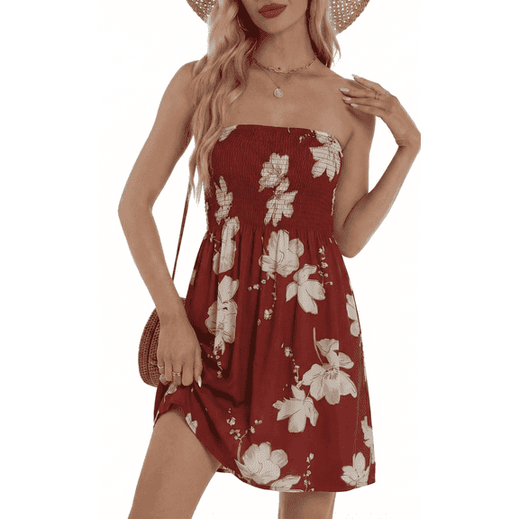 MLDRA Dresses for Women Smocked Strapless Red Dress Floral Print Off the Shoulder Mini Beach Sundresses Casual 2026 Summer