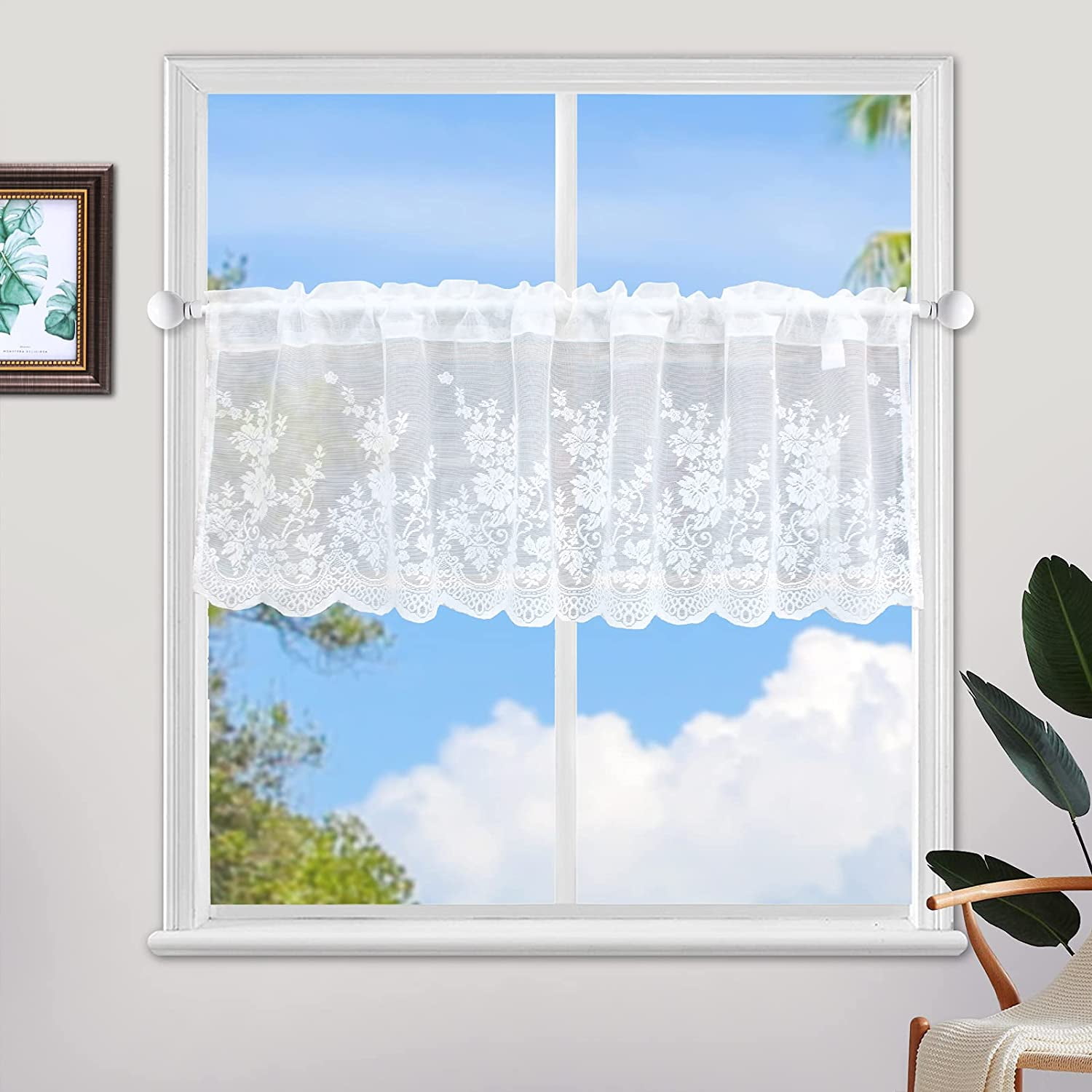 by ZHH Country Style White Polyester Valance Floral Embroidery Sheer Lace Cafe Curtain W 59 Inch x H 18 Inch Patterns of Leaves and Flowers