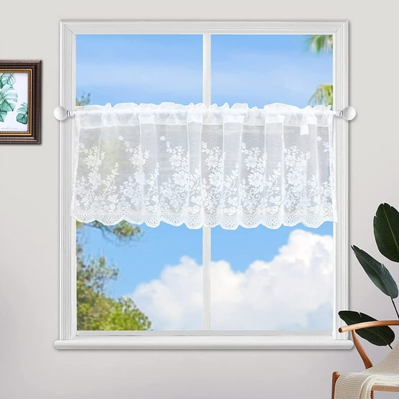 Flower White Valances Pastoral Embroidery Lace Valance Semi Sheer Lace Cafe Short Curtains for Bedroom Kitchen Decor Elegant Flower Leaves Kitchen Curtain W54" X L35"