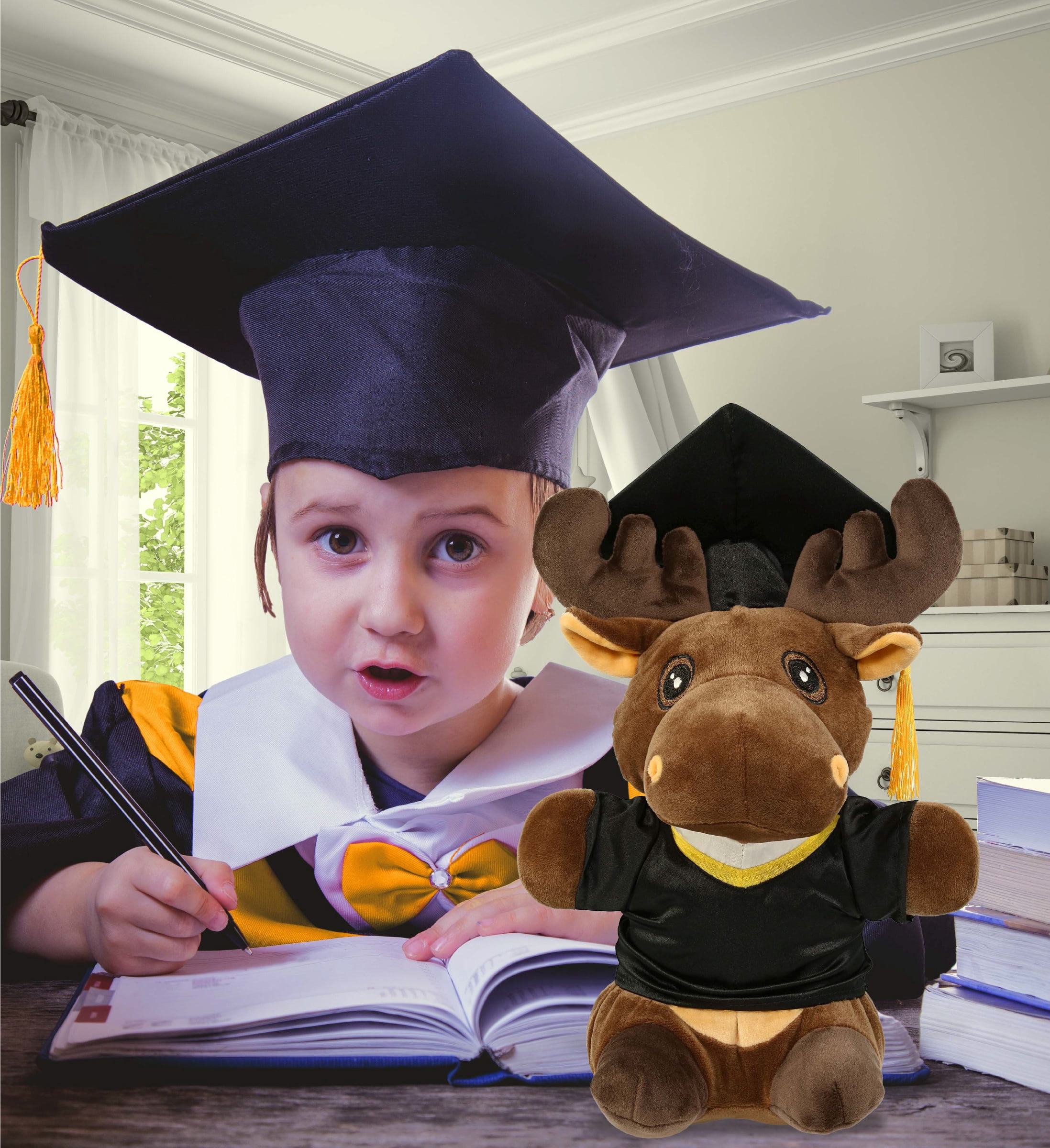 DolliBu Standing Moose Graduation Plush Toy - Snug-Mooshies Moose Plush Graduation Stuffed Animal Dress Up with Graduation Gown and Cap with Tassel Outfit - Congratulatory Graduation Gift - 7 Inches