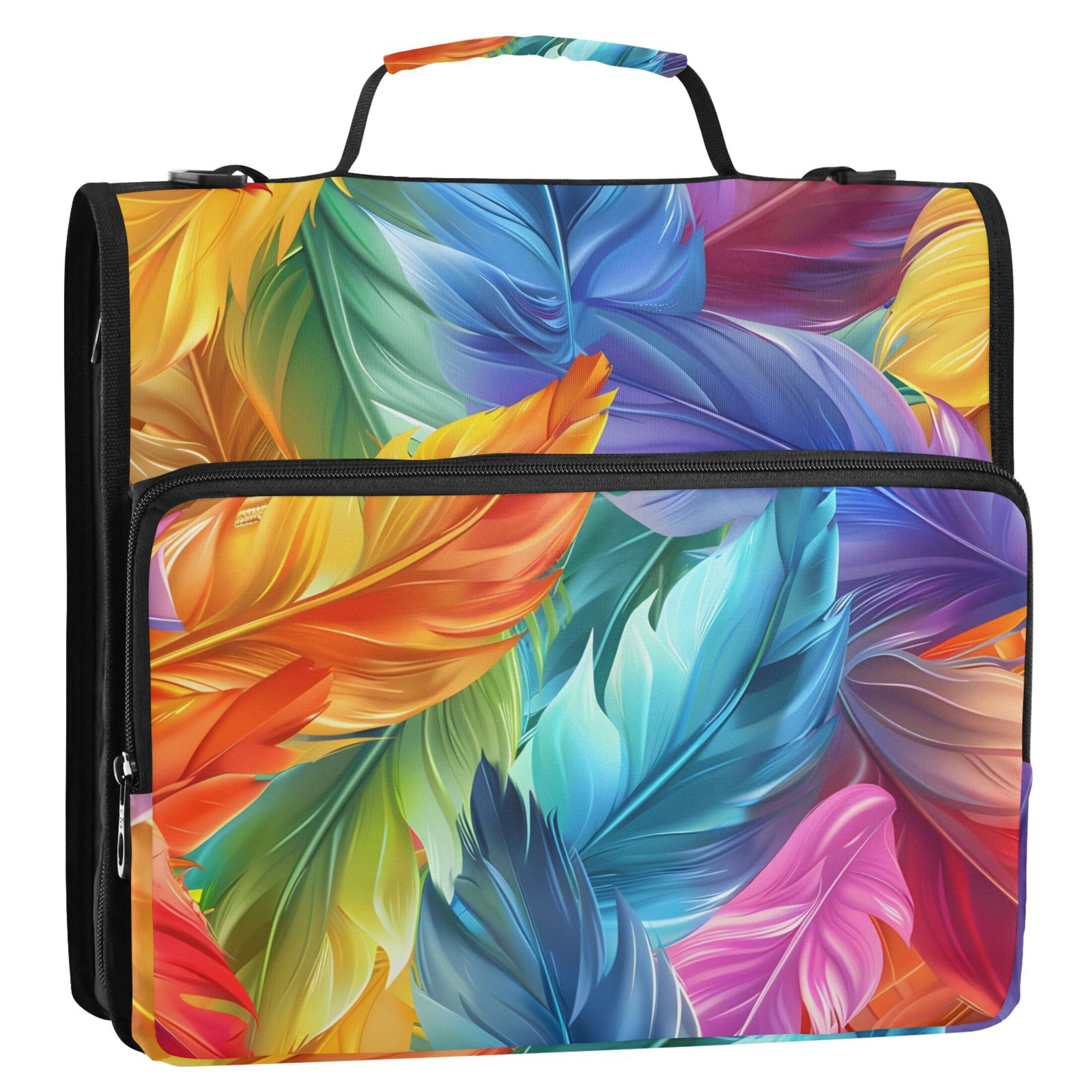 3 Ring Zipper Binder with Shoulder Strap Waterproof Trapper Keeper 2 Inch D-Ring 500 Sheets Capacity Colorful Feathers