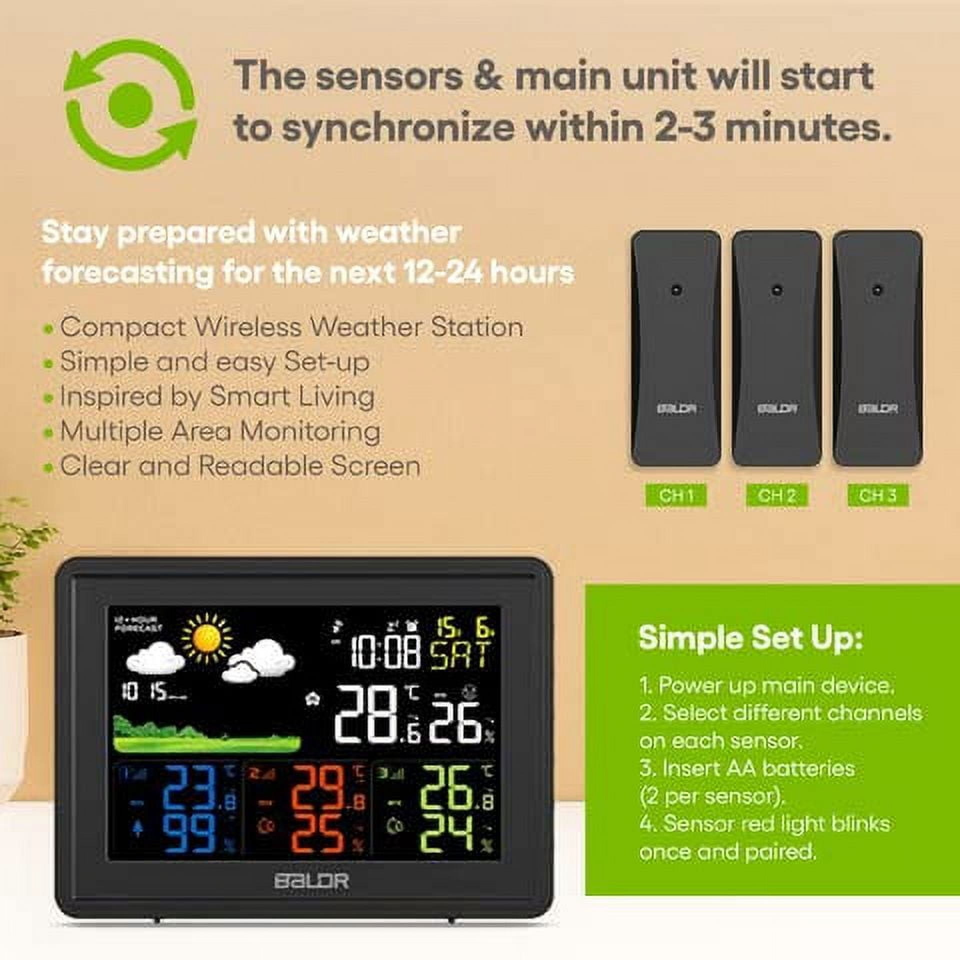 Baldr Weather Station with Indoor Outdoor Thermometer, 3 Wireless Sensors, Atomic Clock, Humidity Monitor