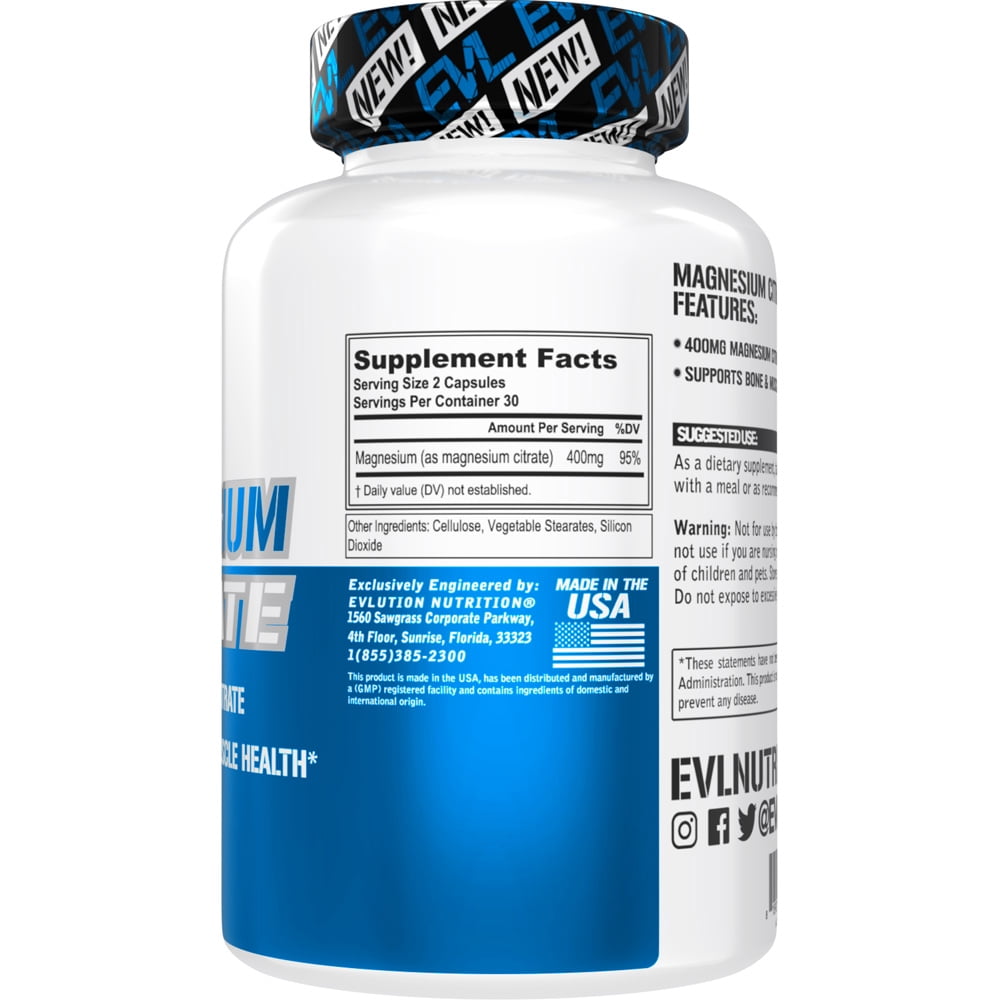 Evlution Nutrition Magnesium Citrate 400mg for Bone & Muscle Health and Natural Sleep Support, 60ct Capsules