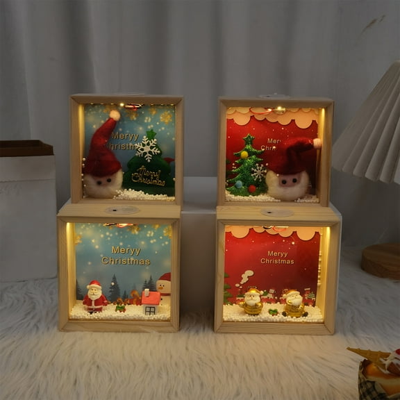 Christmas Scene Decoration Square Night Lights, Wooden Frame Merry Christmas Tabletop Home Decoration