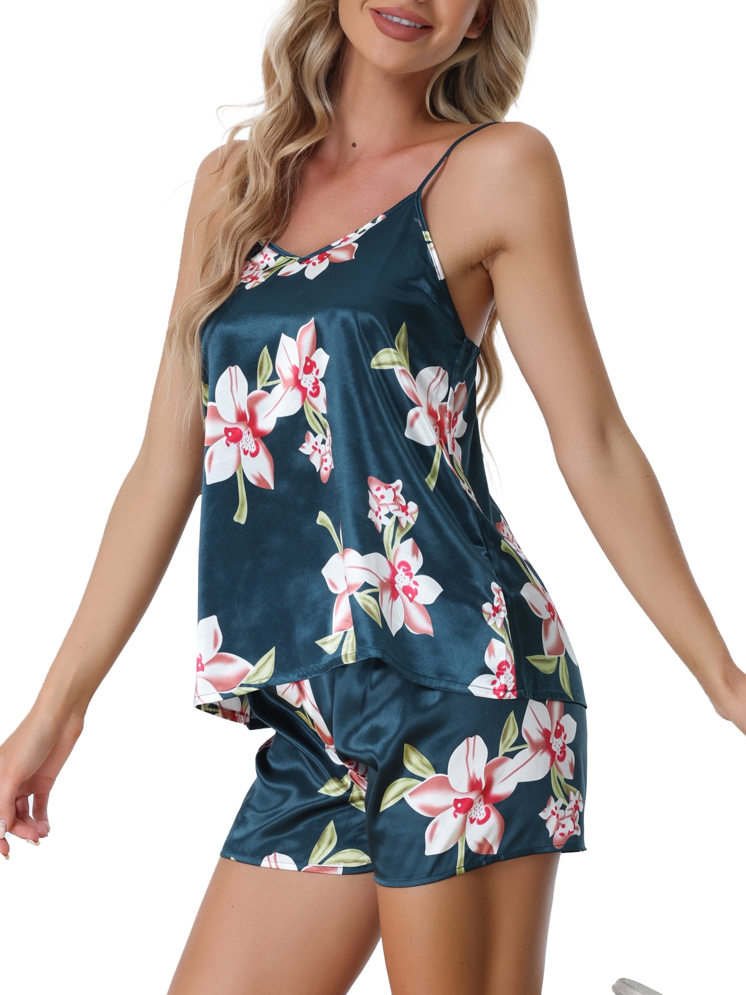 Unique Bargains Womens Sleeveless Cami Shirt Satin Lounge Set Pajama Sleepwear Sets