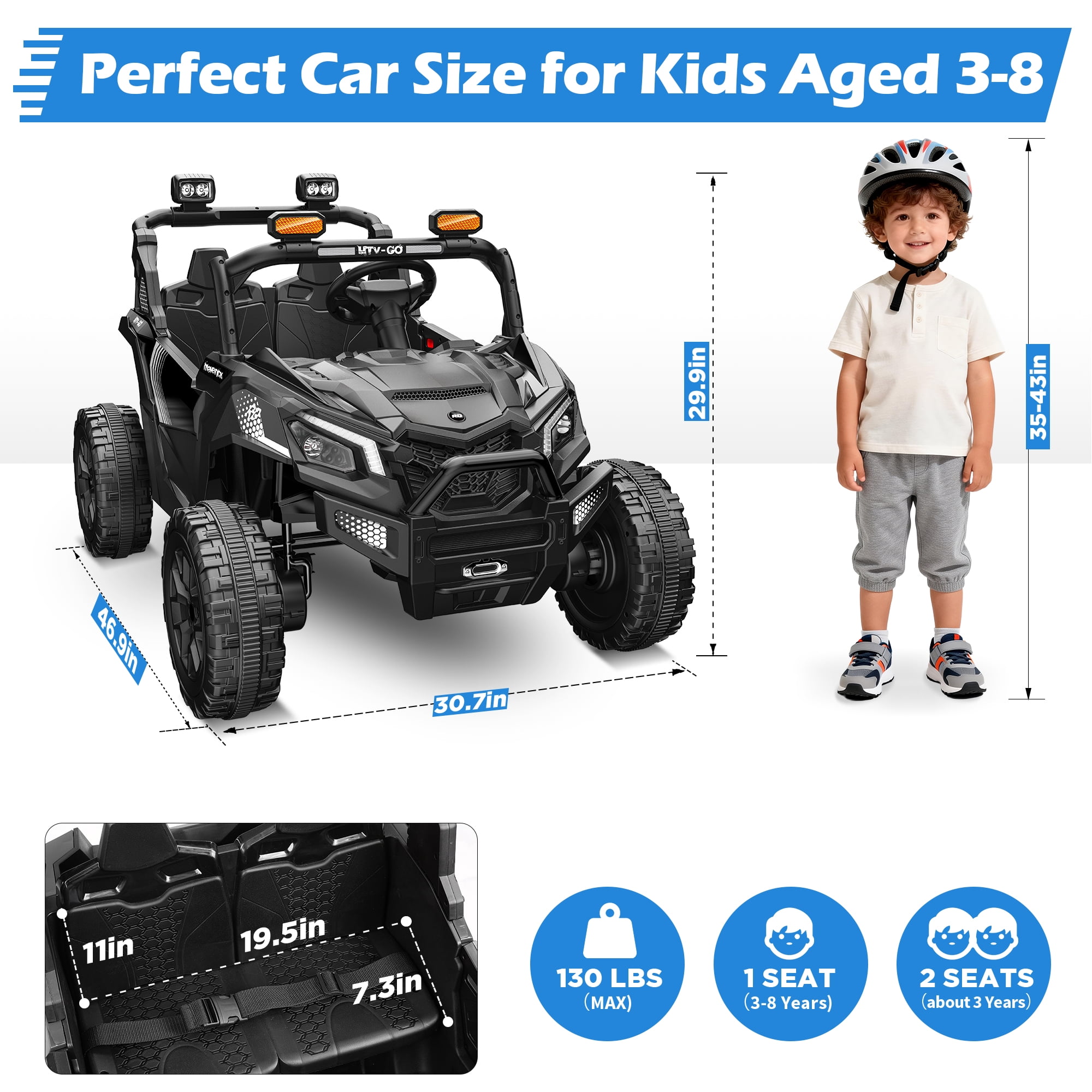 Wisairt 24V Ride on Toys 4WD Ride on Cars with Remote Control, 2 Seater Electric Car for Kids, Power Car Wheels, UTV w/ Four Motors, Music, LED Lights, Wireless Audio, 3 Speeds, Black