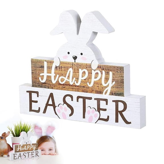 Happy Easter Bunny Table Sign Easter Wooden Block Table Sayings Wooden Bunny Decor Rustic Farmhouse Holiday Decorations for Spring Decor(White, Wooden Color)
