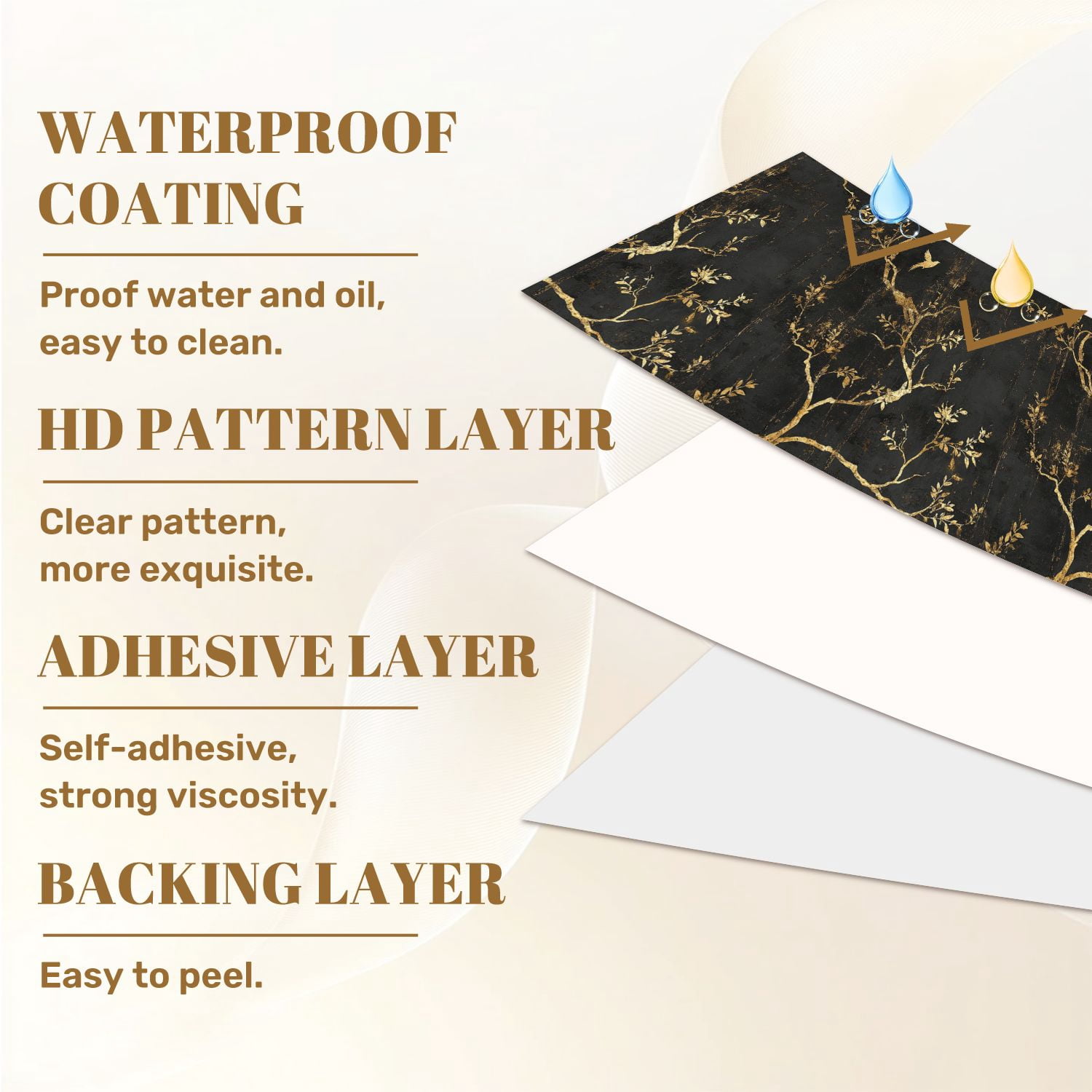 Modern Peel and Stick Wallpaper 23.6in x 9.8ft Golden Floral Branches Bird Black Contact Paper Vinyl Waterproof Self Adhesive Wall Paper for Bedroom Shelf Cabinet Renter Friendly
