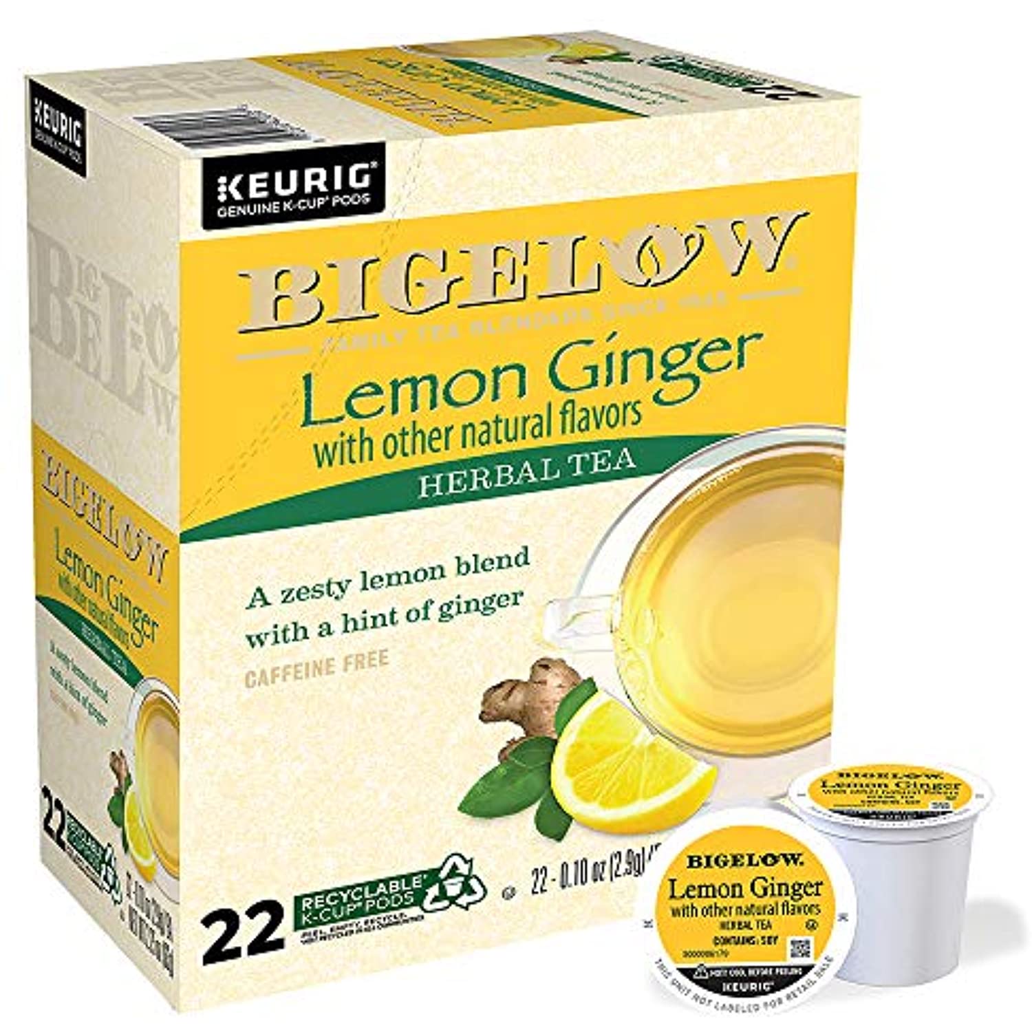 Bigelow Lemon Ginger Tea Single Serve Keurig Herbal Tea KCups Pods, 22