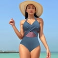 thumbnail image 4 of Women's Crochet One Piece Swimsuits V Neck High Waist Bathing Suit Sexy Hollow Monokini Swimwear Gray Blue X-Large, 4 of 7