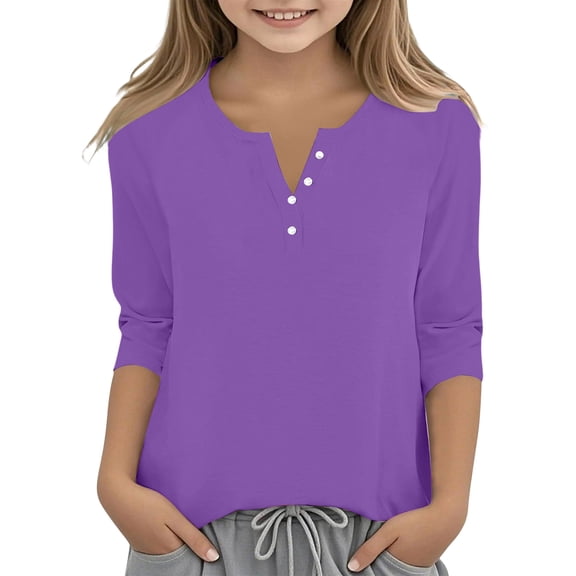 Tops for Girls Ages 10-16 Printed 3/4 Sleeve Round Neck Spring 2026 T-Shirts Dark Purple 140