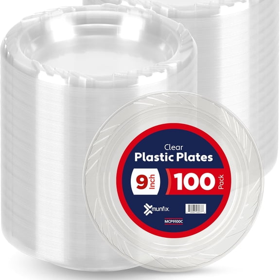100 Clear Plastic Plates Set - 9 Inch Disposable Dinner Plates Bulk Pack, for Party, BBQ, Picnic, Parties, Travel and Events, Microwavable Recyclable