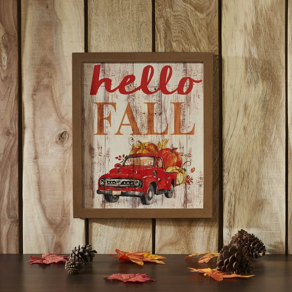VHC Brands Shiplap Hello Fall Red Truck Wall Sign 13x11, Holiday Wall and Door Decoration, Decor for Fall