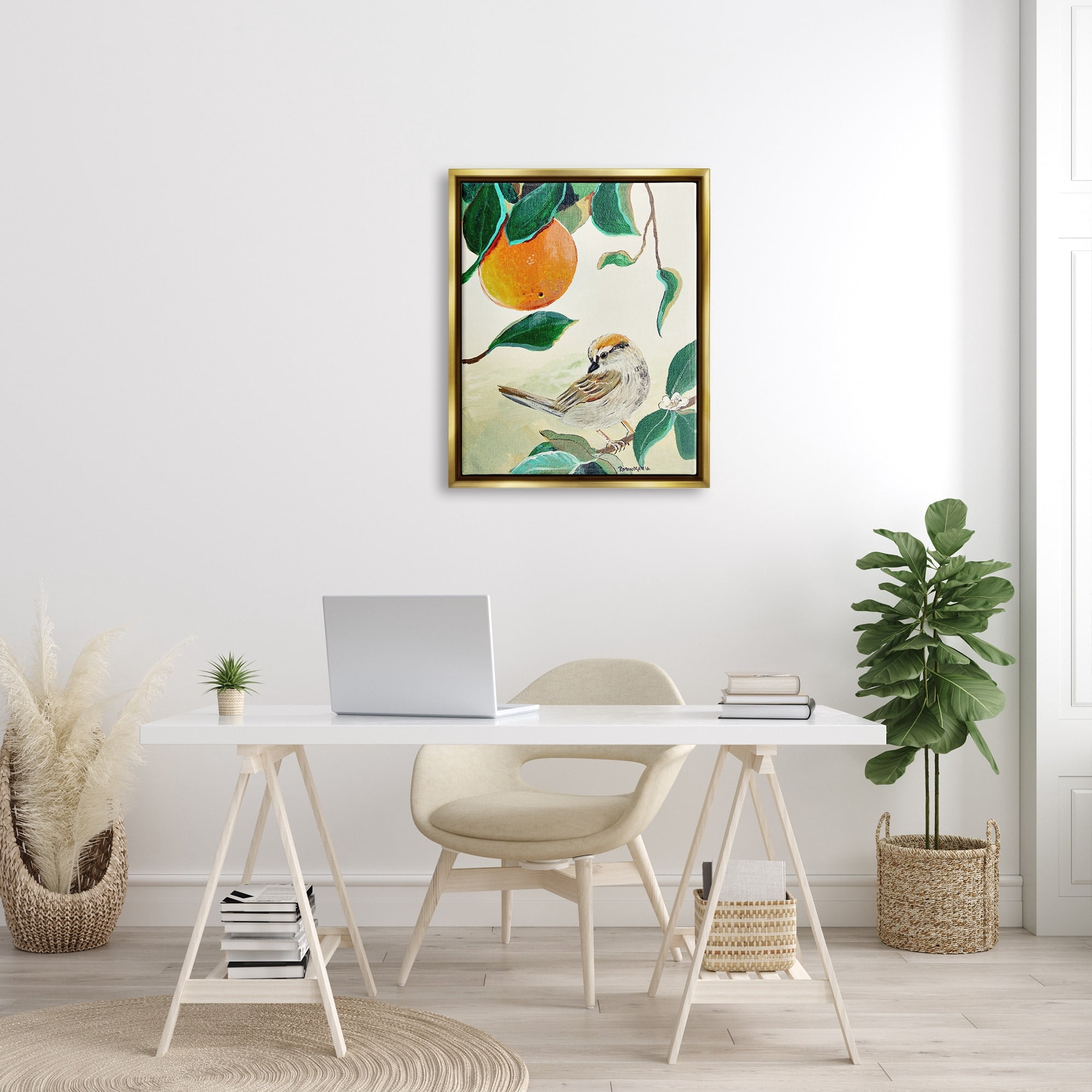 Stupell Industries Bird Perched Orange Fruit Tree Branch Leaves Painting Metallic Gold Floating Framed Canvas Print Wall Art, Design by Robin Maria