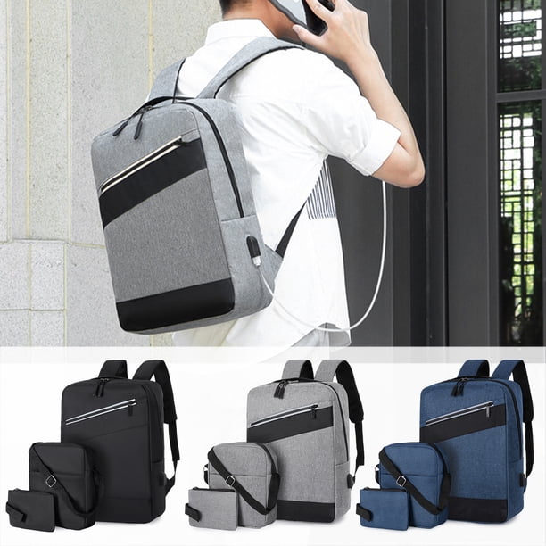 Mochila grande para portátil de viaje de 15,6 pulgadas - Mochila de mano para negocios con puerto USB y bandolera - Set impermeable de 3 piezas para hombres y mujeres, negro/gris/azul