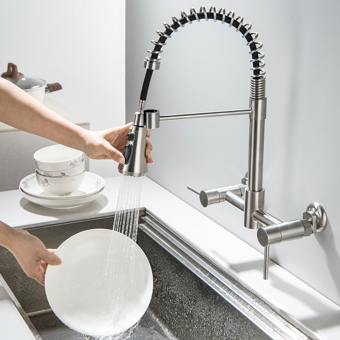 Wall Mount Kitchen Faucet, 8 Inch Center Wall Mount Kitchen Sink Faucet with Pull Down Sprayer Commercial, Brushed Nickel