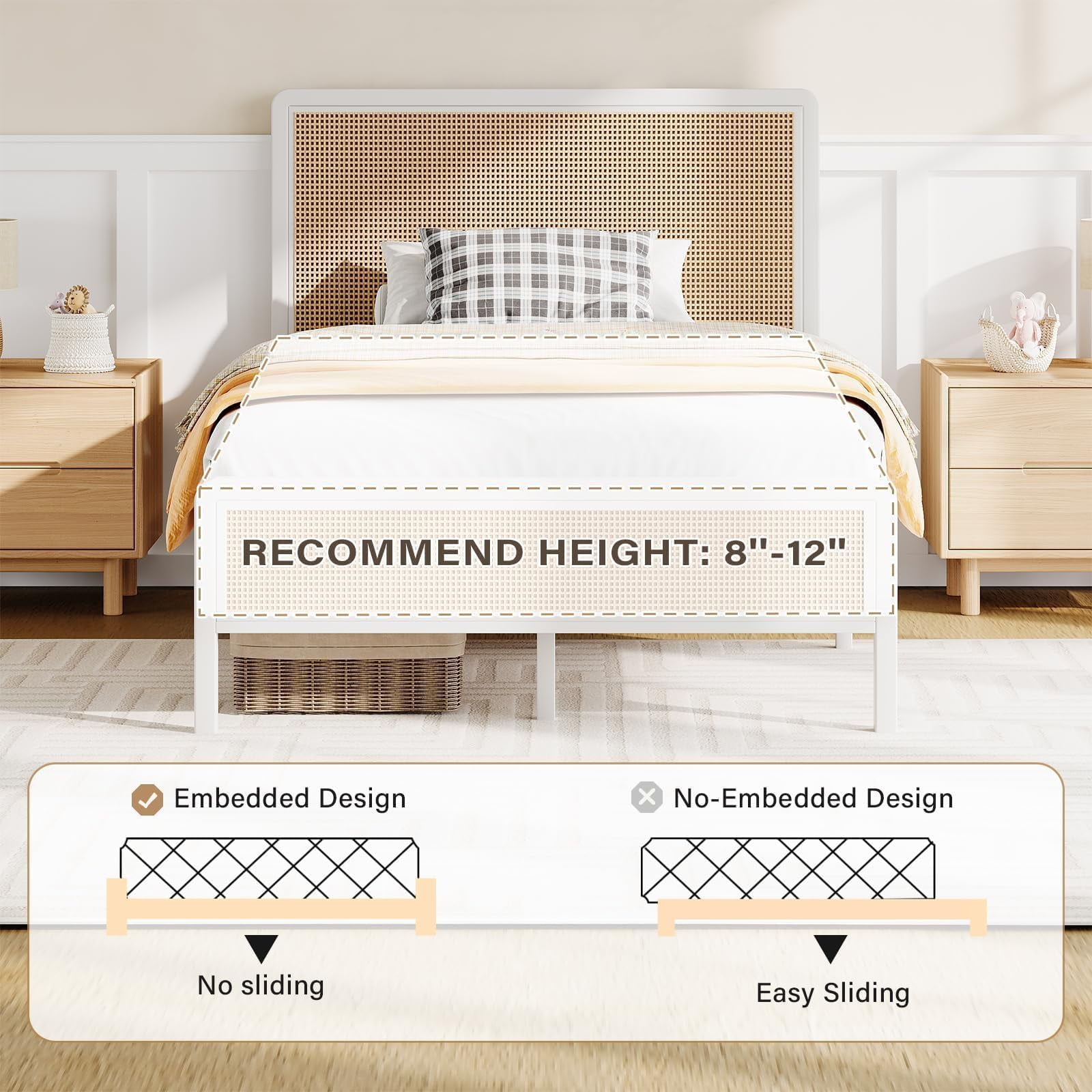 4 Ever Winner Twin Size Bed Frame, Rattan Bed Frame with Natural Rattan Headboard and Footboard, No Box Spring Needed, White
