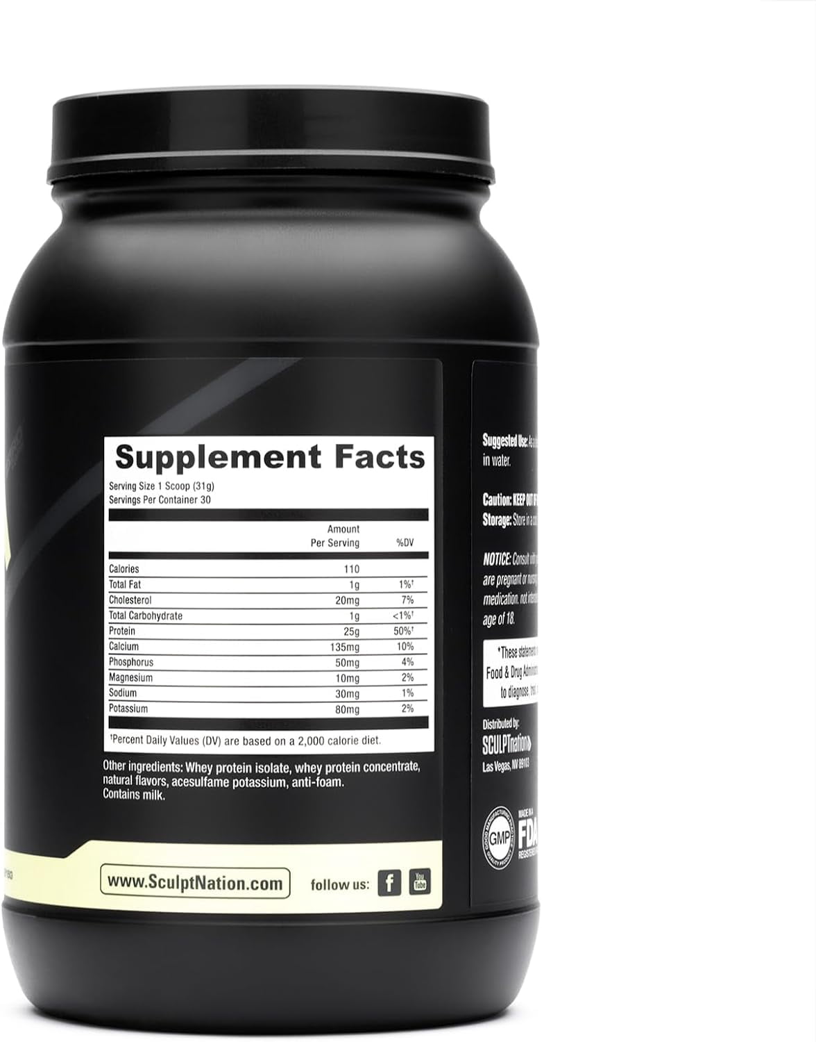 Sculpt Nation Whey Protein Powder Vanilla Flavor with BCAAs Muscle Recovery Support 30 Servings