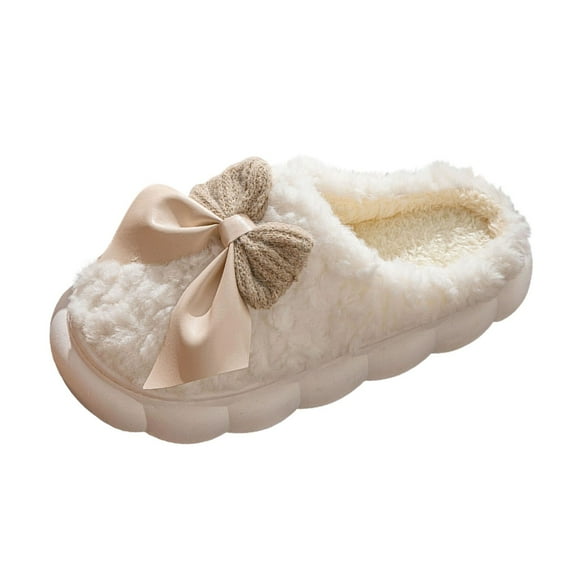 RUIYANQI Women's Bow Decor Fuzzy Slippers Cozy Plush Clogs Comfortable House Shoes Trendy Winter Warm Indoor Outdoor Slides Beige Women Sandal