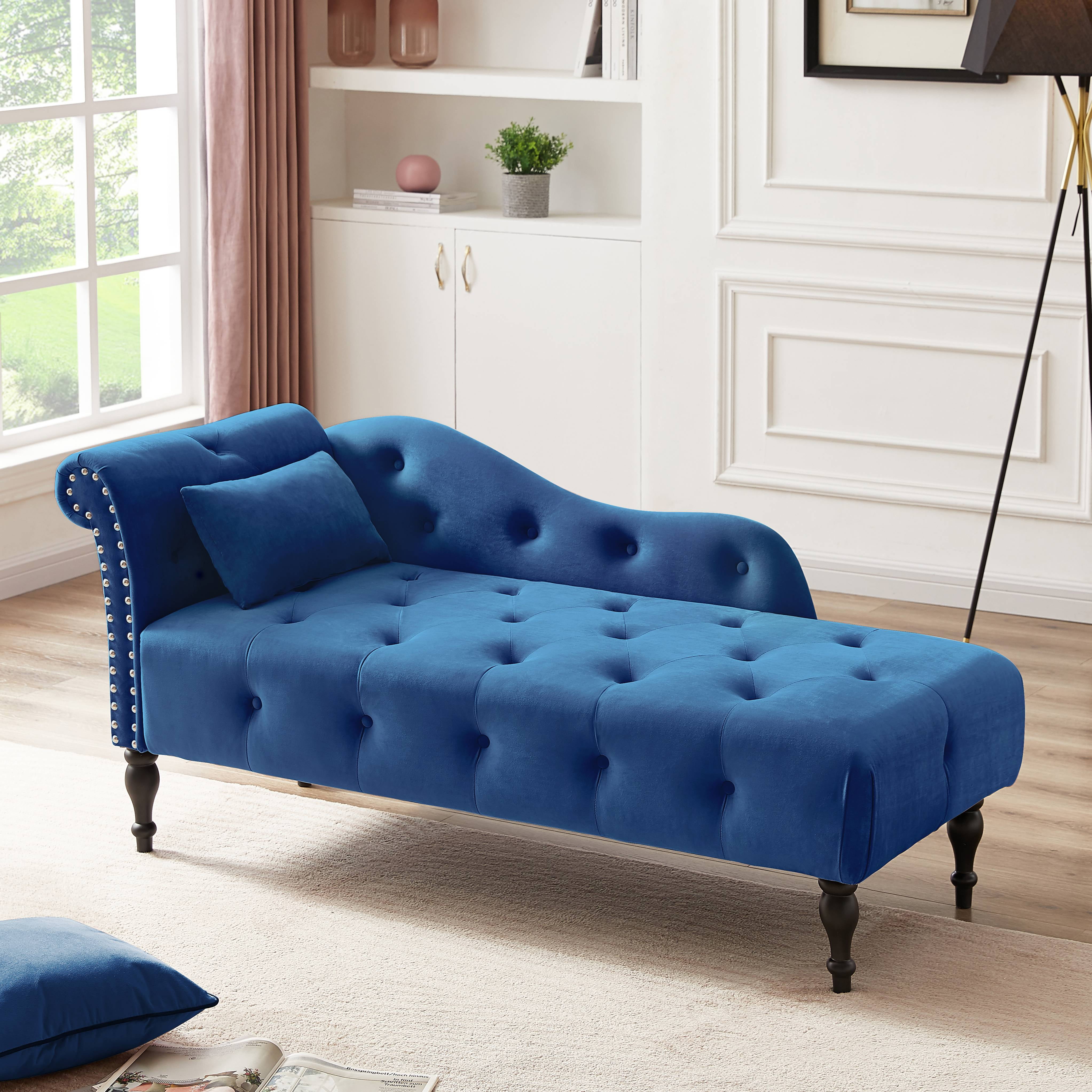 SYNGAR Tufted Upholstered Velvet Rolled Arm Chaise Lounges Indoor Chair, Right Arm Facing Chaise Lounge with Pillow, Nailhead Trim and Solid Wood Legs for Living Room Bedroom Office, Blue