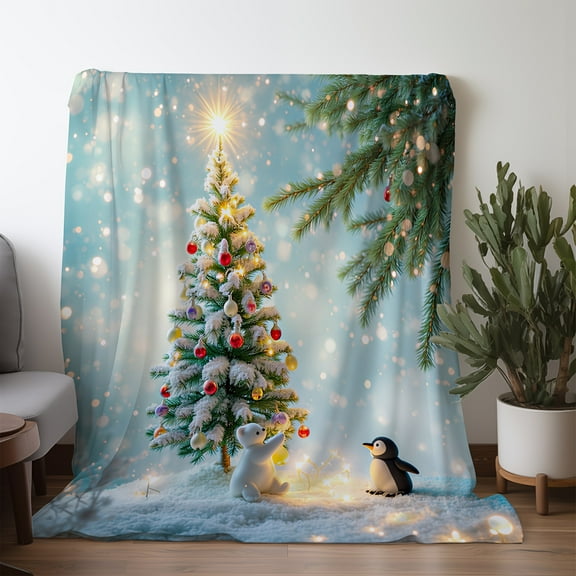 1pc Cozy Christmas Penguin & Tree Print Flannel Blanket - Soft, Warm, and Plush, Perfect for Sofa, Bed, Car, Office, Camping, and Travel - High-Quality Gift Blanket for All Seasons, Christmas Decor