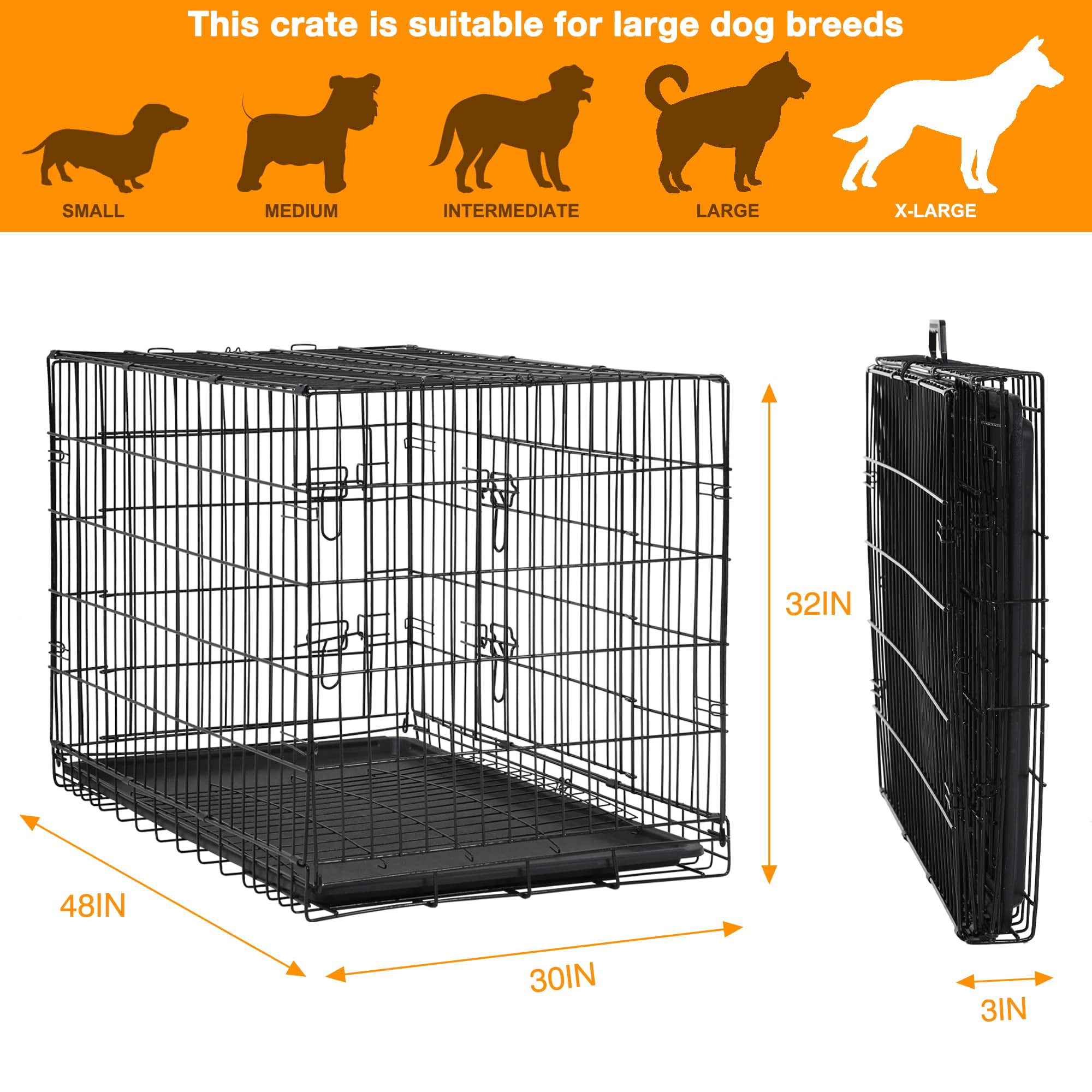 YRLLENSDAN 48 inch XXL Dog Crate Large Dog Crate for Large Dog Foldable Dog Crate with Divider Metal Dog Crate XXL Large Dog Kennel Indoor Large Dog Cage, Black