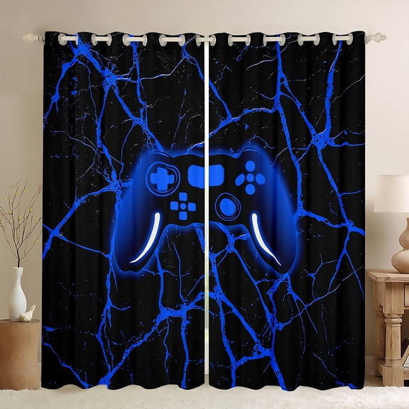 Erosebridal Video Game Curtains for Living Room,Stripes Lines 30%-50% Blackout Curtains Set of 2 (38x45),Black Blue Curtains and Drapes (38x45),Male Bedroom Decor