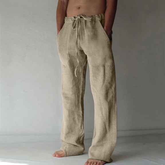 Herrnalise Men's Cotton Linen Drawstring Pants Elastic Waist Blended Breathable Comfortable Soft Athletic Pants For Gray,L